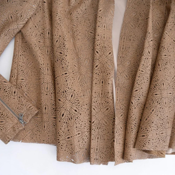 Alice +  Olivia Vanna Laser-Cut 100% Lamb Leather Tan Jacket Medium - Picture 7 of 14